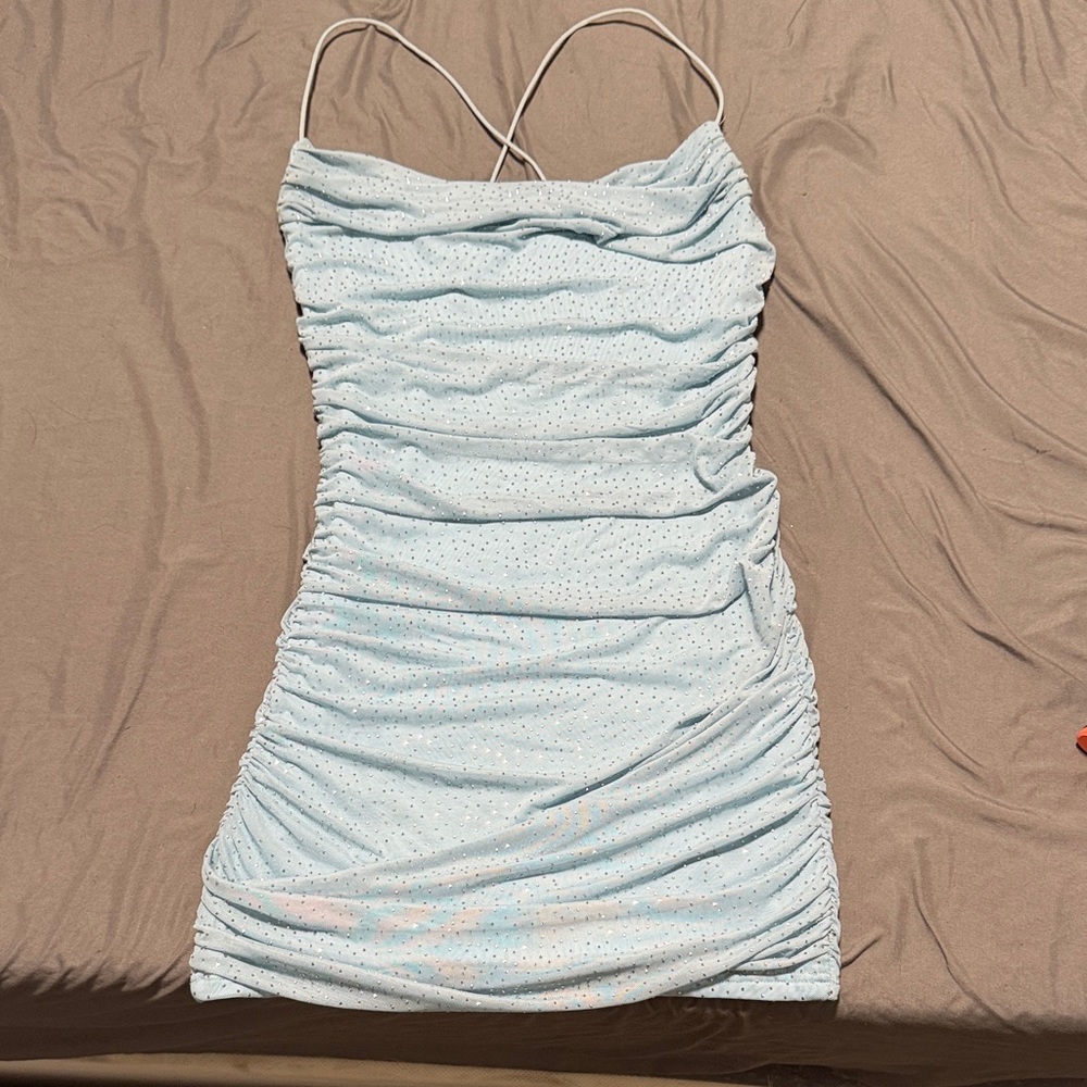AKIRA Light Blue Ruched Mini Dress